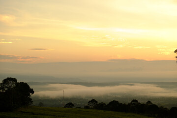 sunrise over the tea plantation and mountains