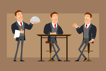 Obraz premium Cartoon flat funny strong business man character in black coat and tie. Boy sitting, resting and holding metal waiter tray. Ready for animation. Isolated on brown background. Vector set.