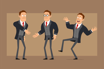 Cartoon flat funny strong business man character in black coat and tie. Boy dancing, jumping and shaking hands. Ready for animation. Isolated on brown background. Vector set.