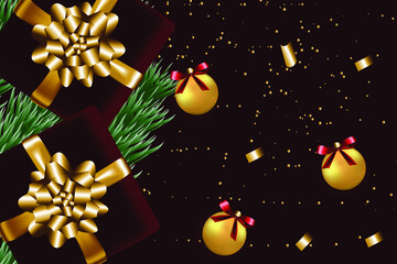 Scalable vector graphics. Christmas background. Realistic background with 3D objects, Christmas decorations: gift box with satin bow, Christmas tree, Christmas tree toy. View from above.