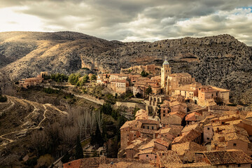 Medieval town of Albarracín in Spain, stone houses, walls, churches and narrow streets.
