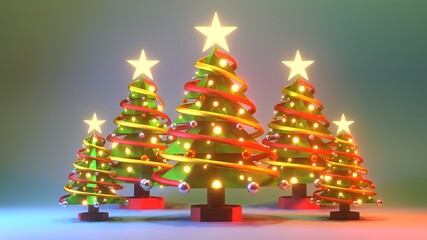 A 3D rendered illustration of a Christmas tree with stars glowing golden yellow on top. Decorated with yellow and red ribbons With fluorescent yellow and silver reflective balls 
