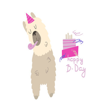 Funny alpaca. Children's birthday card. Vector illustration for print