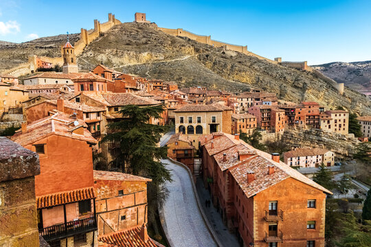 Medieval town of Albarrac&iacute;n in Spain, stone houses, walls, churches and narrow streets.
