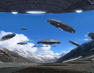 UFO fleet formation in the mountains. © 3000ad