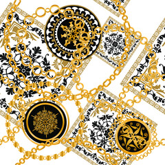 Seamless pattern decorated with precious stones, gold chains and pearls.	