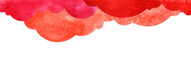 Abstract watercolor background. Three layers of bright round clouds of red, crimson and scarlet color on top of white sheet of textured paper. Hand drawn upper border template