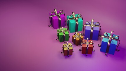 3D rendering illustration of a beautiful multicolored New Year festival gift box On a purple tone background