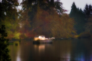 Fototapeta premium Boat sits in early evening light in misty weather.