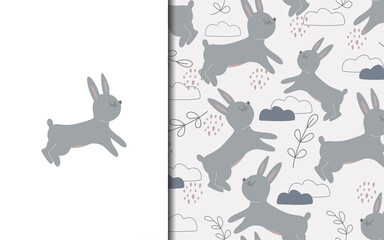 Set of vector seamless backgrounds and illustrations with hare. Vector baby illustrations in cartoon hand drawn style for printing on clothes, interior design, packaging, printing.