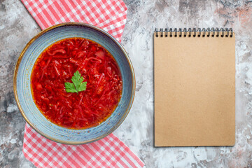 top view delicious borsch ukrainian beet soup inside plate on white background photo color cuisine dish meal free space