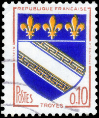 Postage stamp issued in the France with the image of the Provincial Arms - Champagne. From the...