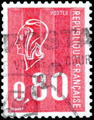 Postage stamp issued in the France with the image of the Marianne. From the series on Marianne type Bequet,  1974