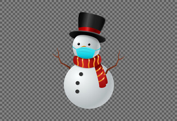Snowman wearing  medical  face mask ,hat and scarf isolate on png or transparent  background, Christmas  during Covid-19 pandemic concept graphic resources  for  ,New  Year, Birthdays, vector