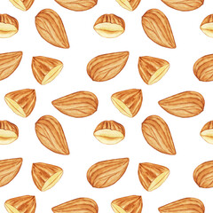 Repeat texture almond seed on white background. Watercolor hand drawing illustration. Perfect for wallpaper or digital paper. Food seamless pattern with nut.