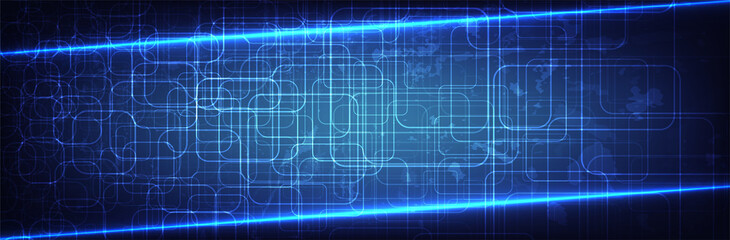 Abstract technology background. Wide blue vector banner template. Neon light. Digital computer design