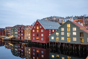 Early morning by the Nidelven - Old sea house - Warehouse by the river in Trondheim city,Trøndelag county,Norway,scandinavia,Europe