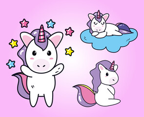 unicorns horses cartoons with stars and cloud vector design