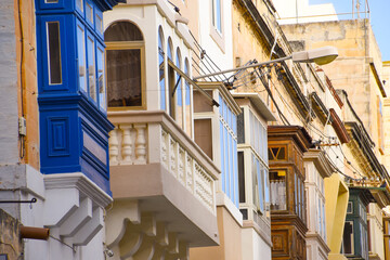 Fototapeta na wymiar Traditional colorful balconies, Valletta old town, Malta