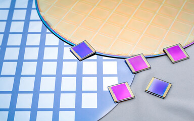Several silicon wafers with printed circuit and separate microchips .