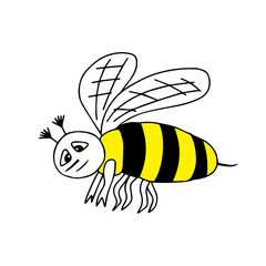 Hand-drawn outline black and yellow vector illustration of a tired sad bee isolated on a white background