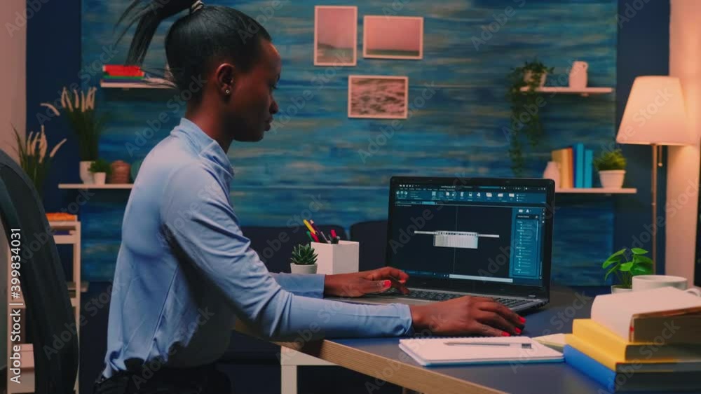 Poster african american remote woman architect working on modern cad program overtime. industrial black fem