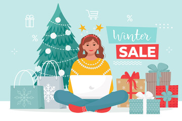 Woman in Christmas clothing buys goods in online store from home. Winter sale banner. Vector illustration in flat style