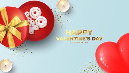 Happy Valentine's Day holiday banner. Festive background with realistic XO cookies in gift box, candles, red balloon and confetti. Vector illustration with 3d decorative object for Valentine's Day.