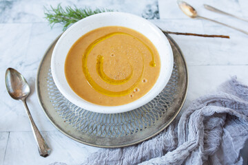 Butternut Squash Soup Dinner on Marble Background