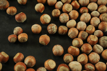 Hazelnuts on wooden backdrop. heap or stack of hazelnuts. healty food