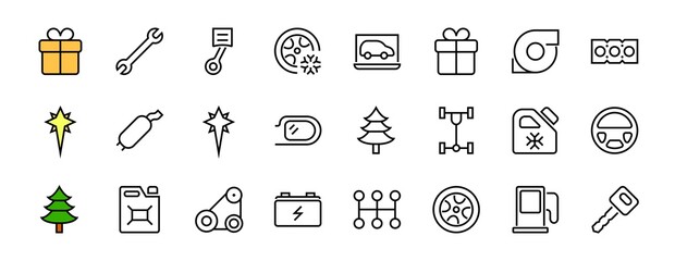 AUTO PARTS Set of Icons related vector line icons. Contains icons such as parts, oil, diagnostics, turbine, steering wheel, key, chassis, gearbox and much more. Editable stroke