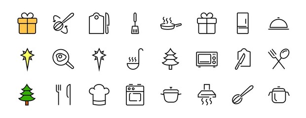 Set of cooking and kitchen icons, Vector lines, contains icons such as frying pan, frying, microwave, fork with spoon, Editable stroke, perfect 480x480 pixels, white background.