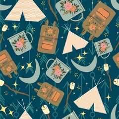 seamless vector repeat  pattern with tents, backpacks, mugs, moon and stars © aalia