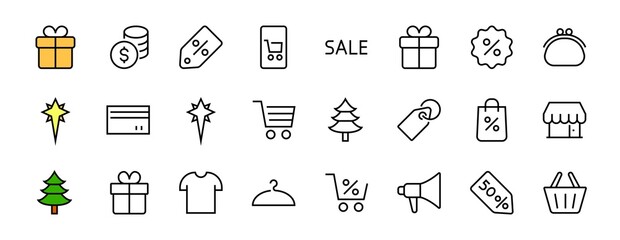 Black Friday Icon Set contains icons of Promotions, Discounts Shopping, Shopping Cart. Editable stroke. Vector Symbols, Linear