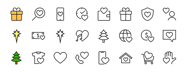 The set of icons about love contains such icons as love of music, declaration of love, heart, favorite home, Linear set. Vector on a white background. Editable stroke. 480x480