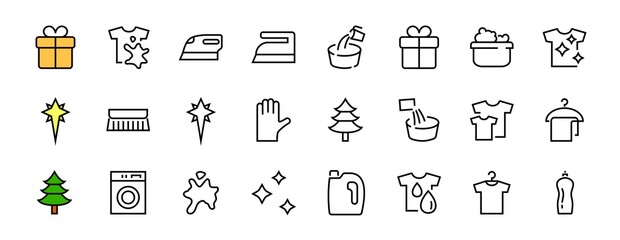 Simple set of washing related vector line Icons. Contains icons such as washing machine, powder, laundry, dirty t-shirt and much more. On a white background, editable stroke. 48x48 pixels perfect