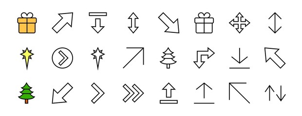 Set of line arrows, directions, arrows, contains icons such as pause, continuation, directly, to the right, Editable stroke. 480x480, On a white background, Vector illustration