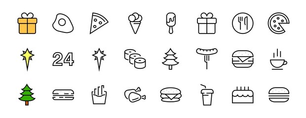 A simple set of fast food icons related to the vector line. Contains icons such as pizza, burger, sushi, bike, scrambled eggs and more. EDITABLE stroke. EPS 10