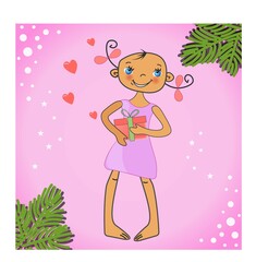 Cute happy little girl holding a festive gift with hearts. Vector cartoon character isolated on pink background.