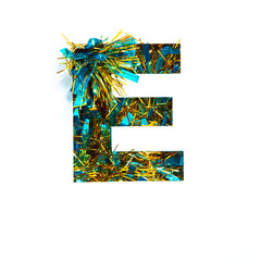 Glittering letter E of English alphabet of tinsel isolated on white. Festive typeface for celebration design