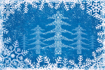  White frame of snowflakes with illustration of white snowflakes in the shape of a Christmas tree on dark blue background,Christmas greting card