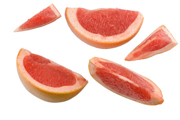 Slices of grapefruit isolated on white, flat lay, top view