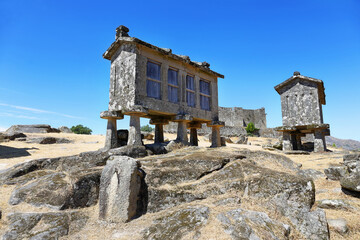 Typical stone corn driers, called Espigueiros in Lindoso, north of Portugal