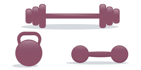Obraz premium The sports kit is isolated on a white background. Metal kettlebell, barbell and dumbbells for sports and body swing. Vector illustration..