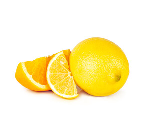 Slices of orange, lemon and whole lemon isolated on white background