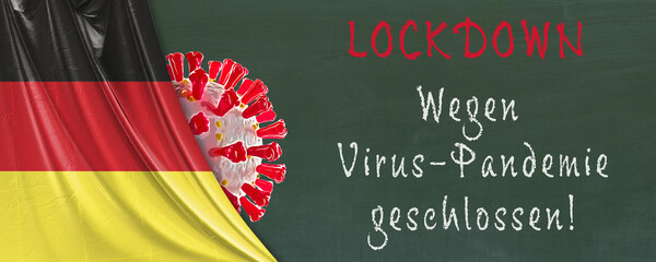 Lockdown, Schulschließung wegen Corona ab dem 16.12.2020. Schultafel mit der deutschen Flagge und Covid-19-Virus.