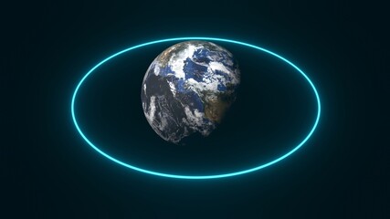 A 3D rendered illustration of a globe with a model atmosphere and a blue glow ring surrounded on a black background