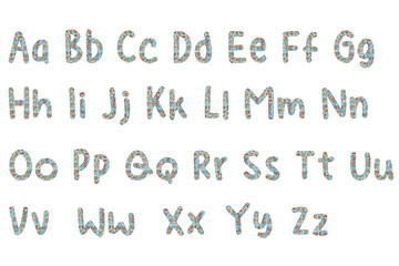 An alphabet of watercolour-drawn letters. flowers and leaves are drawn in each letter.