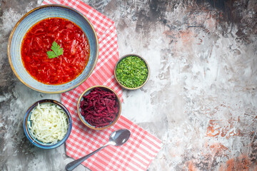 top view tasty borsch ukrainian beet soup inside plate on white background photo dish meal color