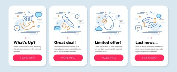 Set of Business icons, such as Vitamin e, 360 degrees, Chemistry pipette symbols. Mobile screen mockup banners. Helping hand line icons. Oil drop, Full rotation, Laboratory. Charity palm. Vector